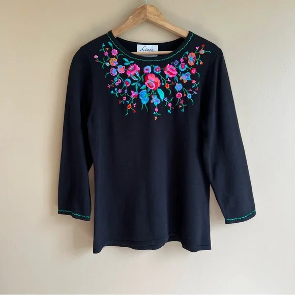 Linea by Louis Dell'Olio floral Embroidered Black Top size small - Picture 1 of 4